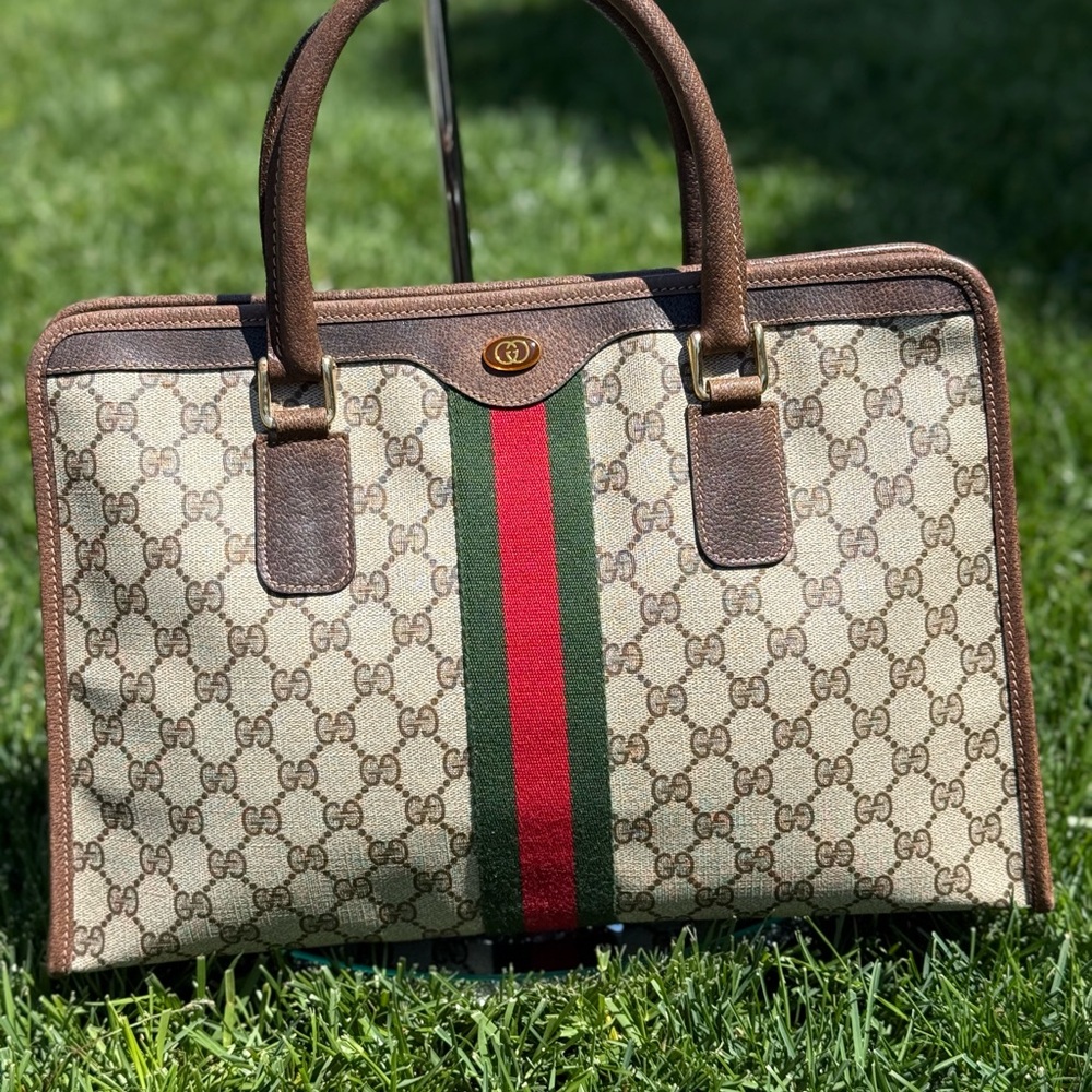 EUC Gucci GG Brown & Beige Monogram Satchel with Red and Green Web